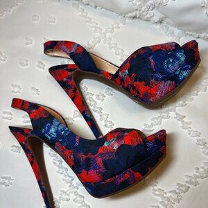 Jessica Simpson "Sabella" Sling Back Red & Blue Floral Platform Pump SIZE 7M/37